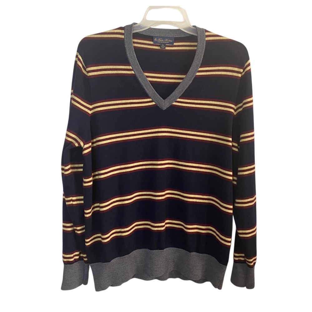 Brooks Brothers Mens V Neck Merino Wool Striped Pullover Sweater XL Washable